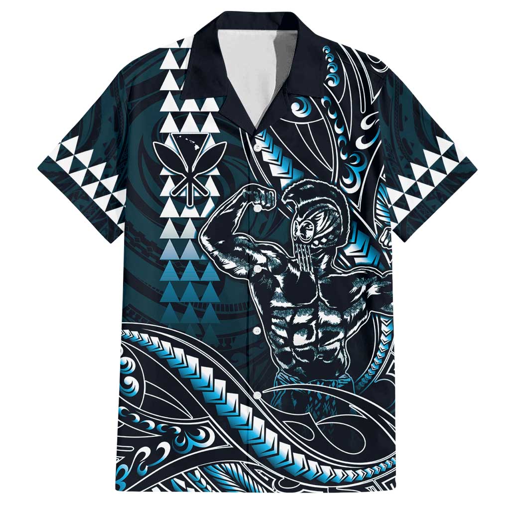 Hawaii Ikaika Warrior Helmet Family Matching Off Shoulder Maxi Dress and Hawaiian Shirt Blue Tribal Tattoo LT05 Dad's Shirt - Short Sleeve Blue - Polynesian Pride