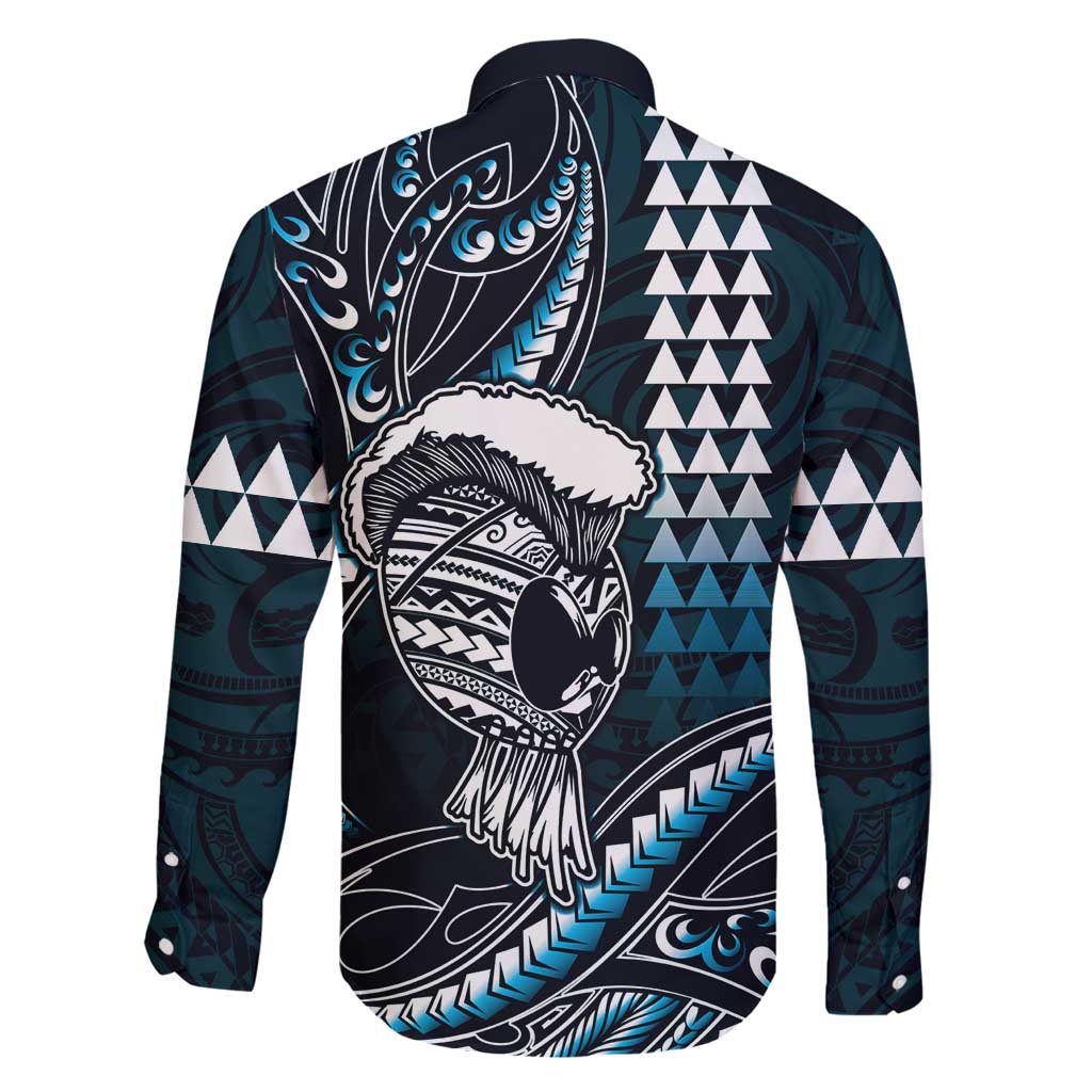 Hawaii Ikaika Warrior Helmet Family Matching Off Shoulder Maxi Dress and Hawaiian Shirt Blue Tribal Tattoo LT05 - Polynesian Pride