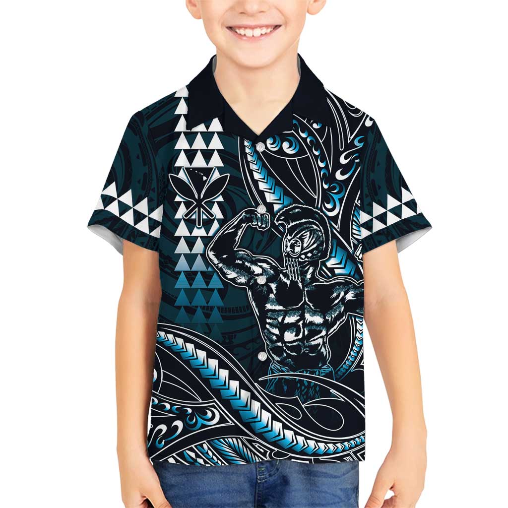Hawaii Ikaika Warrior Helmet Family Matching Off Shoulder Maxi Dress and Hawaiian Shirt Blue Tribal Tattoo LT05 Son's Shirt Blue - Polynesian Pride