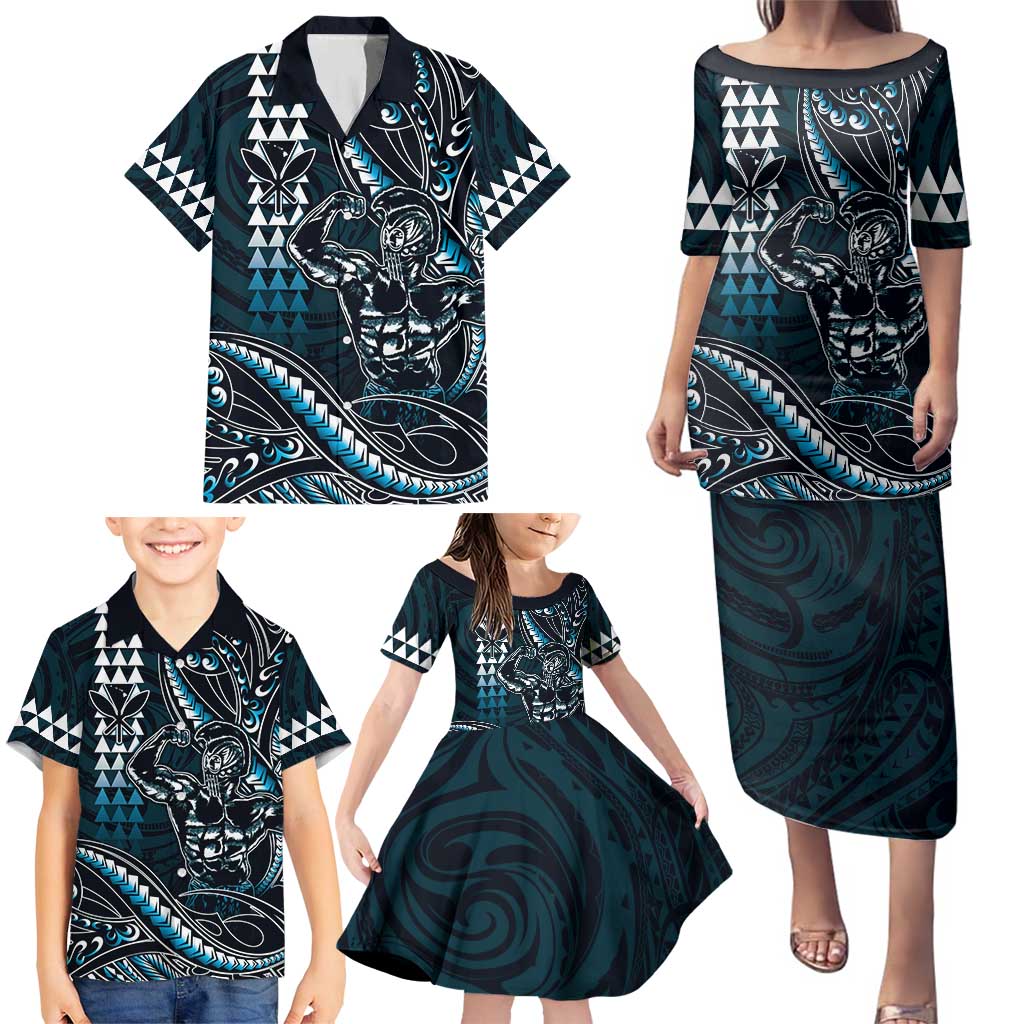 Hawaii Ikaika Warrior Helmet Family Matching Puletasi and Hawaiian Shirt Blue Tribal Tattoo LT05 - Polynesian Pride