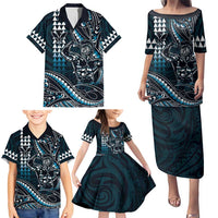 Hawaii Ikaika Warrior Helmet Family Matching Puletasi and Hawaiian Shirt Blue Tribal Tattoo LT05 - Polynesian Pride