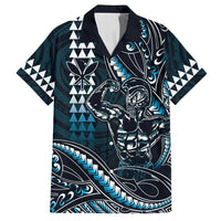 Hawaii Ikaika Warrior Helmet Family Matching Puletasi and Hawaiian Shirt Blue Tribal Tattoo LT05 Dad's Shirt - Short Sleeve Blue - Polynesian Pride