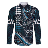 Hawaii Ikaika Warrior Helmet Family Matching Puletasi and Hawaiian Shirt Blue Tribal Tattoo LT05 Dad's Shirt - Long Sleeve Blue - Polynesian Pride