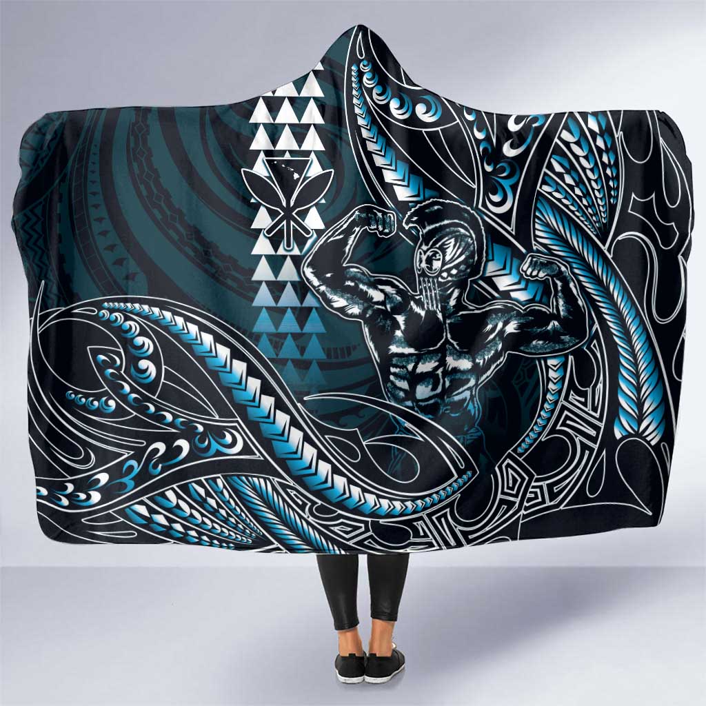 Hawaii Ikaika Warrior Helmet Hooded Blanket Blue Tribal Tattoo LT05 One Size Blue - Polynesian Pride