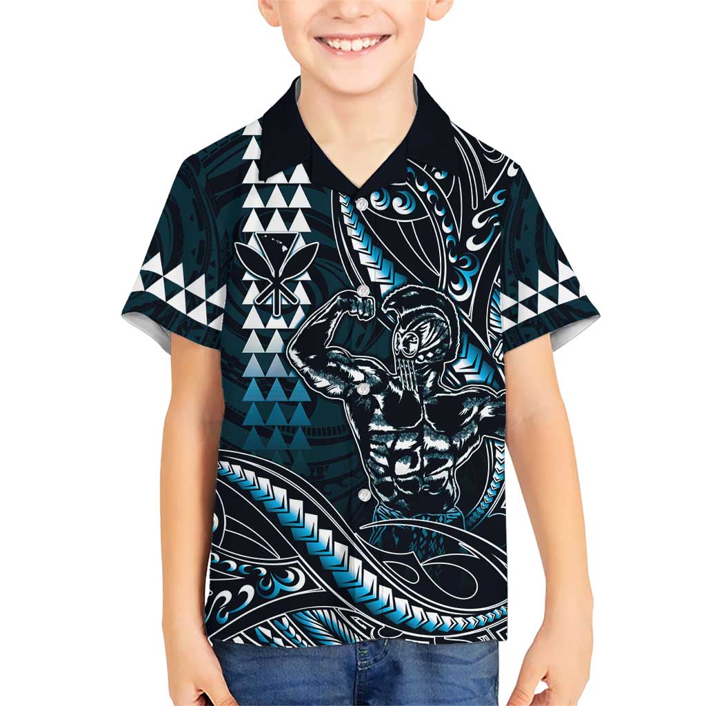 Hawaii Ikaika Warrior Helmet Kid Hawaiian Shirt Blue Tribal Tattoo LT05 Kid Blue - Polynesian Pride
