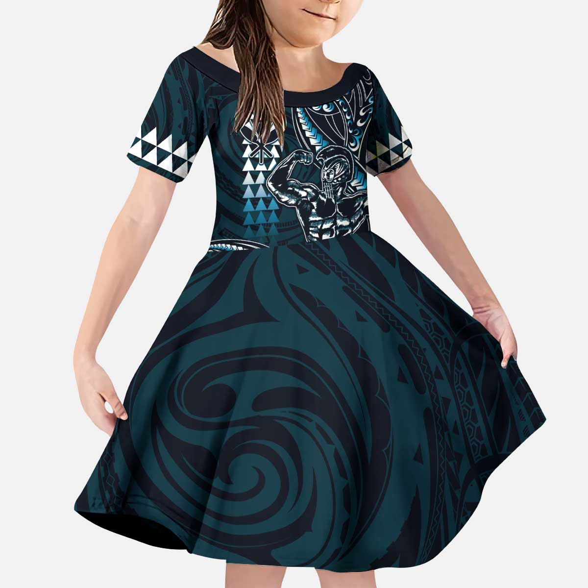 Hawaii Ikaika Warrior Helmet Kid Short Sleeve Dress Blue Tribal Tattoo LT05 KID Blue - Polynesian Pride