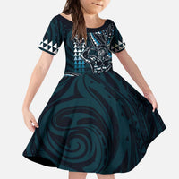Hawaii Ikaika Warrior Helmet Kid Short Sleeve Dress Blue Tribal Tattoo LT05 KID Blue - Polynesian Pride