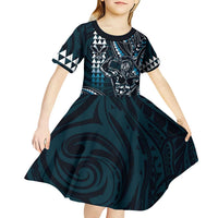 Hawaii Ikaika Warrior Helmet Kid Short Sleeve Dress Blue Tribal Tattoo LT05 - Polynesian Pride