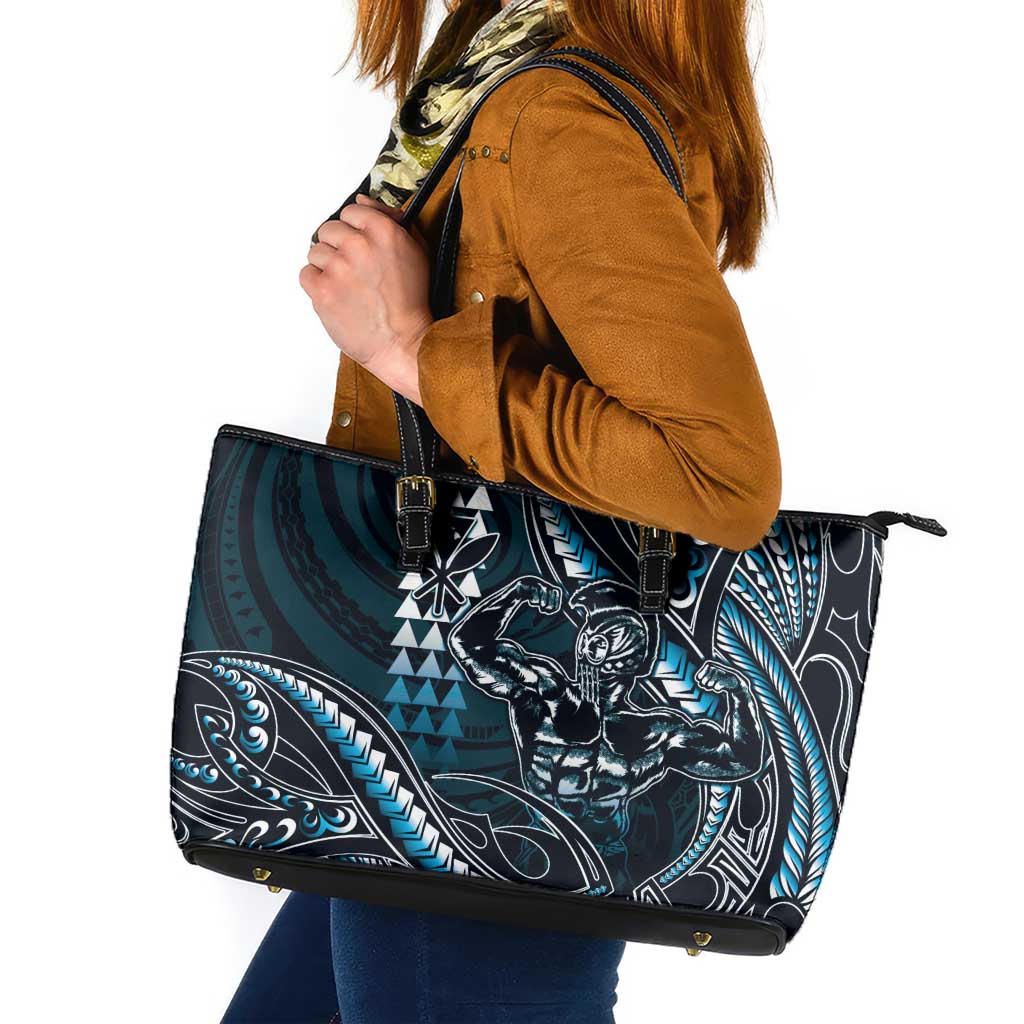 Hawaii Ikaika Warrior Helmet Leather Tote Bag Blue Tribal Tattoo LT05 Blue - Polynesian Pride