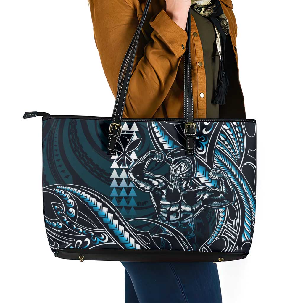 Hawaii Ikaika Warrior Helmet Leather Tote Bag Blue Tribal Tattoo LT05 - Polynesian Pride