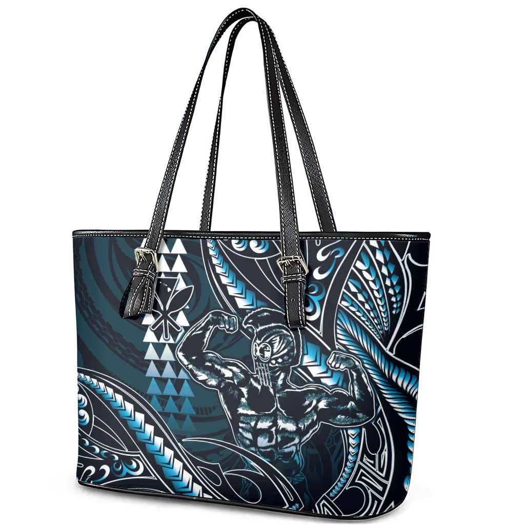 Hawaii Ikaika Warrior Helmet Leather Tote Bag Blue Tribal Tattoo LT05 - Polynesian Pride