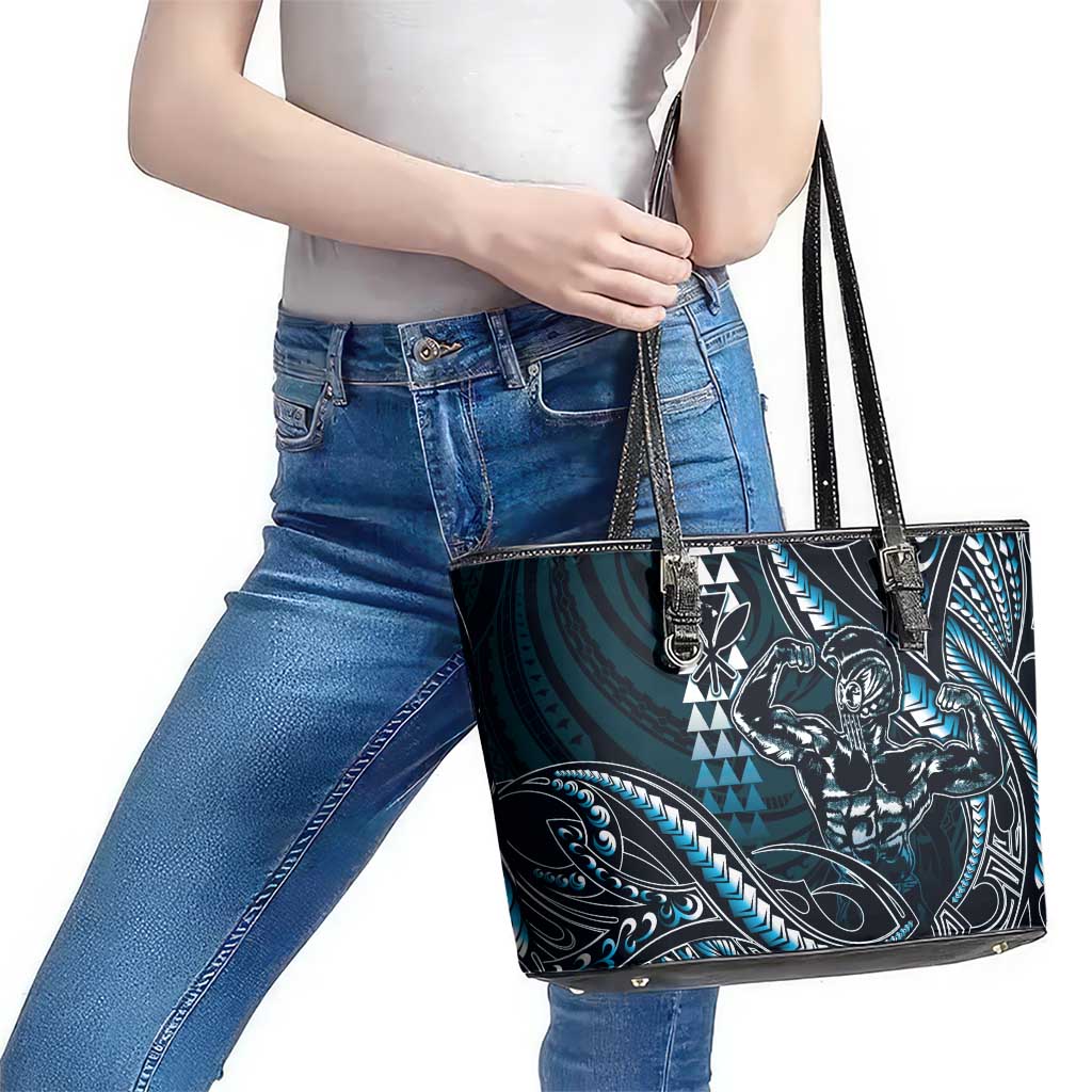 Hawaii Ikaika Warrior Helmet Leather Tote Bag Blue Tribal Tattoo LT05 - Polynesian Pride