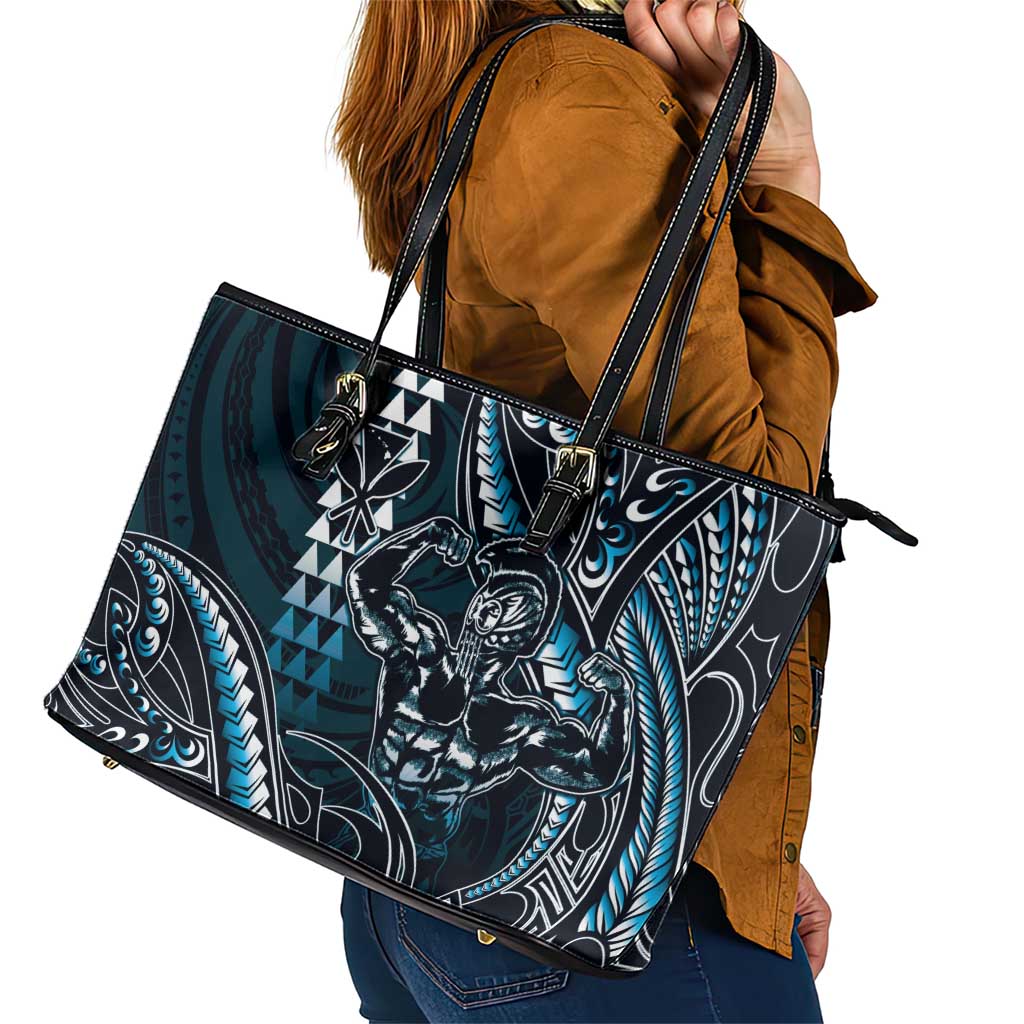 Hawaii Ikaika Warrior Helmet Leather Tote Bag Blue Tribal Tattoo LT05 - Polynesian Pride