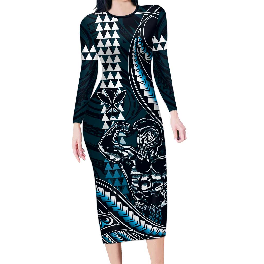 Hawaii Ikaika Warrior Helmet Long Sleeve Bodycon Dress Blue Tribal Tattoo LT05 Long Dress Blue - Polynesian Pride