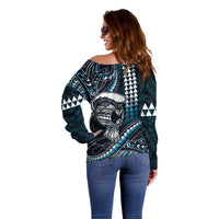 Hawaii Ikaika Warrior Helmet Off Shoulder Sweater Blue Tribal Tattoo