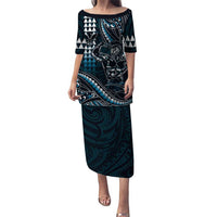 Hawaii Ikaika Warrior Helmet Puletasi Blue Tribal Tattoo LT05 Long Dress Blue - Polynesian Pride