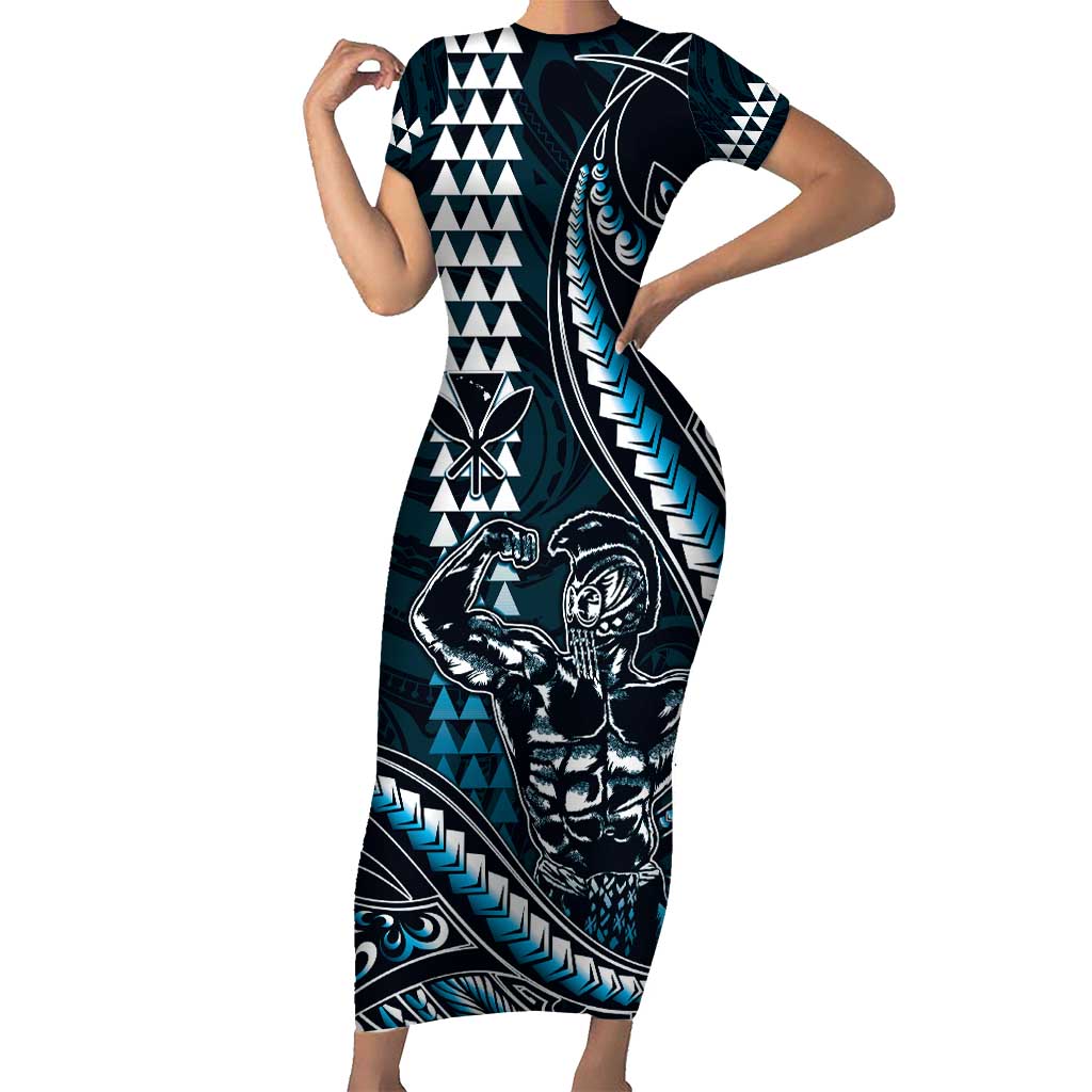 Hawaii Ikaika Warrior Helmet Short Sleeve Bodycon Dress Blue Tribal Tattoo LT05 Long Dress Blue - Polynesian Pride