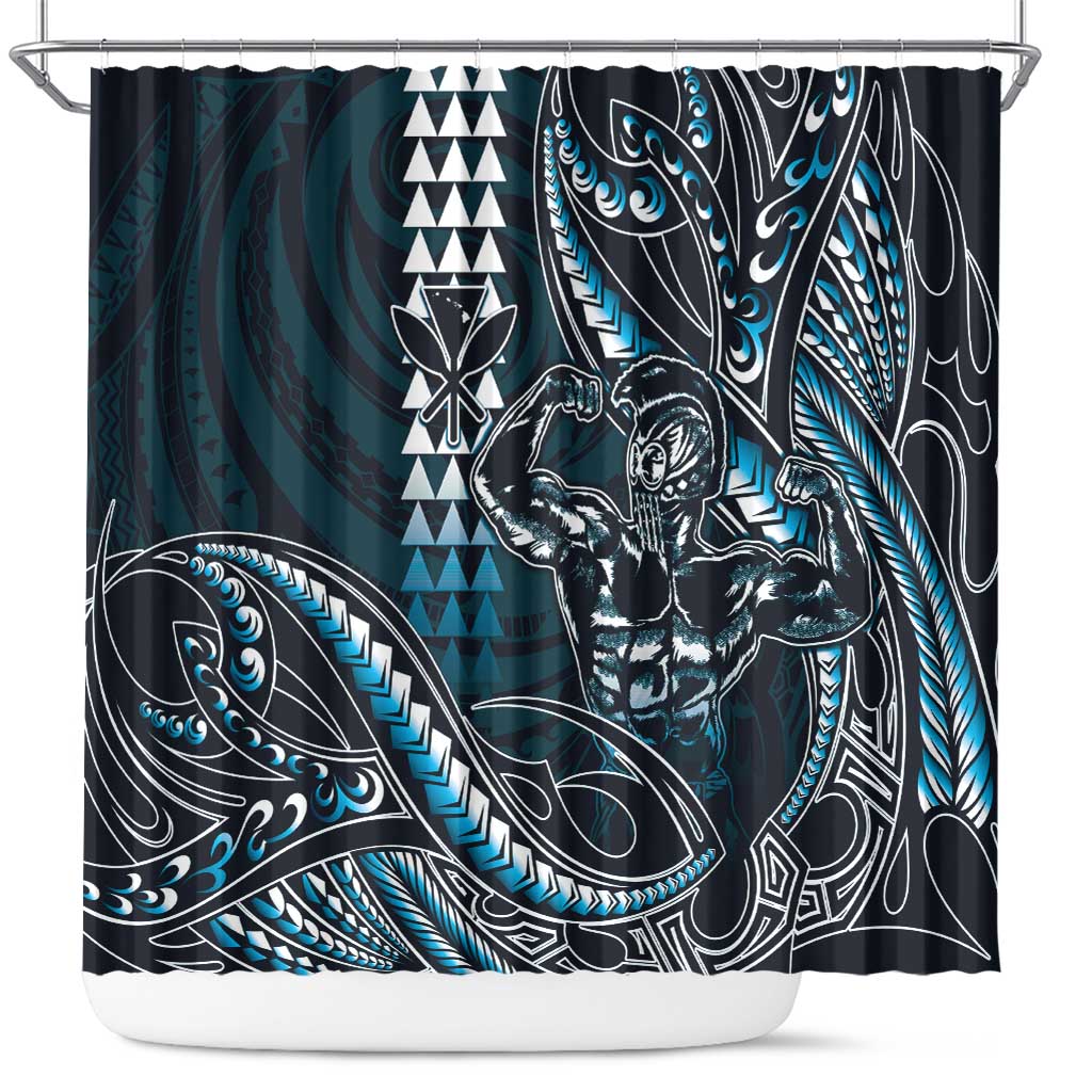 Hawaii Ikaika Warrior Helmet Shower Curtain Blue Tribal Tattoo LT05 Blue - Polynesian Pride