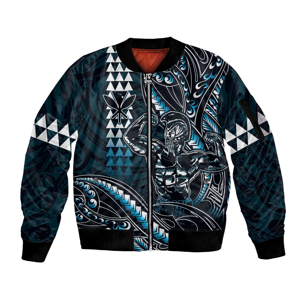 Hawaii Ikaika Warrior Helmet Sleeve Zip Bomber Jacket Blue Tribal Tattoo LT05 Unisex Blue - Polynesian Pride