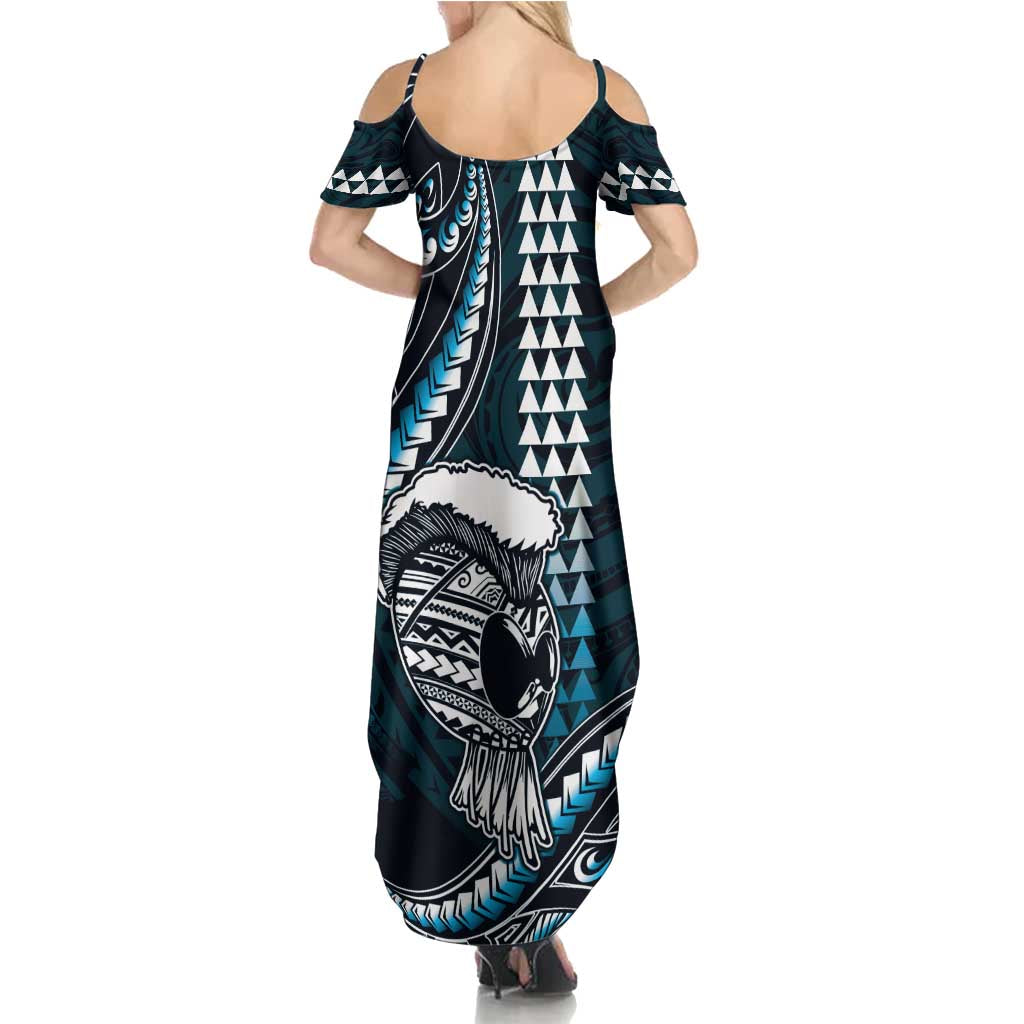 Hawaii Ikaika Warrior Helmet Summer Maxi Dress Blue Tribal Tattoo