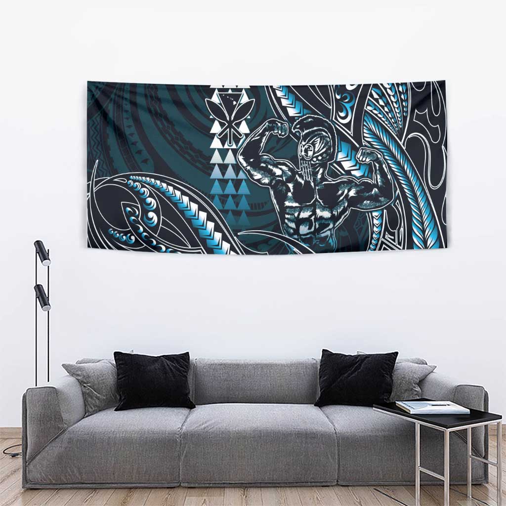 Hawaii Ikaika Warrior Helmet Tapestry Blue Tribal Tattoo LT05 - Polynesian Pride