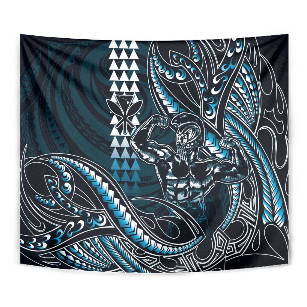 Hawaii Ikaika Warrior Helmet Tapestry Blue Tribal Tattoo LT05 - Polynesian Pride