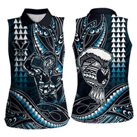 Hawaii Ikaika Warrior Helmet Women Sleeveless Polo Shirt Blue Tribal Tattoo LT05 - Polynesian Pride