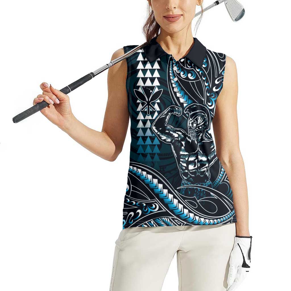 Hawaii Ikaika Warrior Helmet Women Sleeveless Polo Shirt Blue Tribal Tattoo LT05 - Polynesian Pride