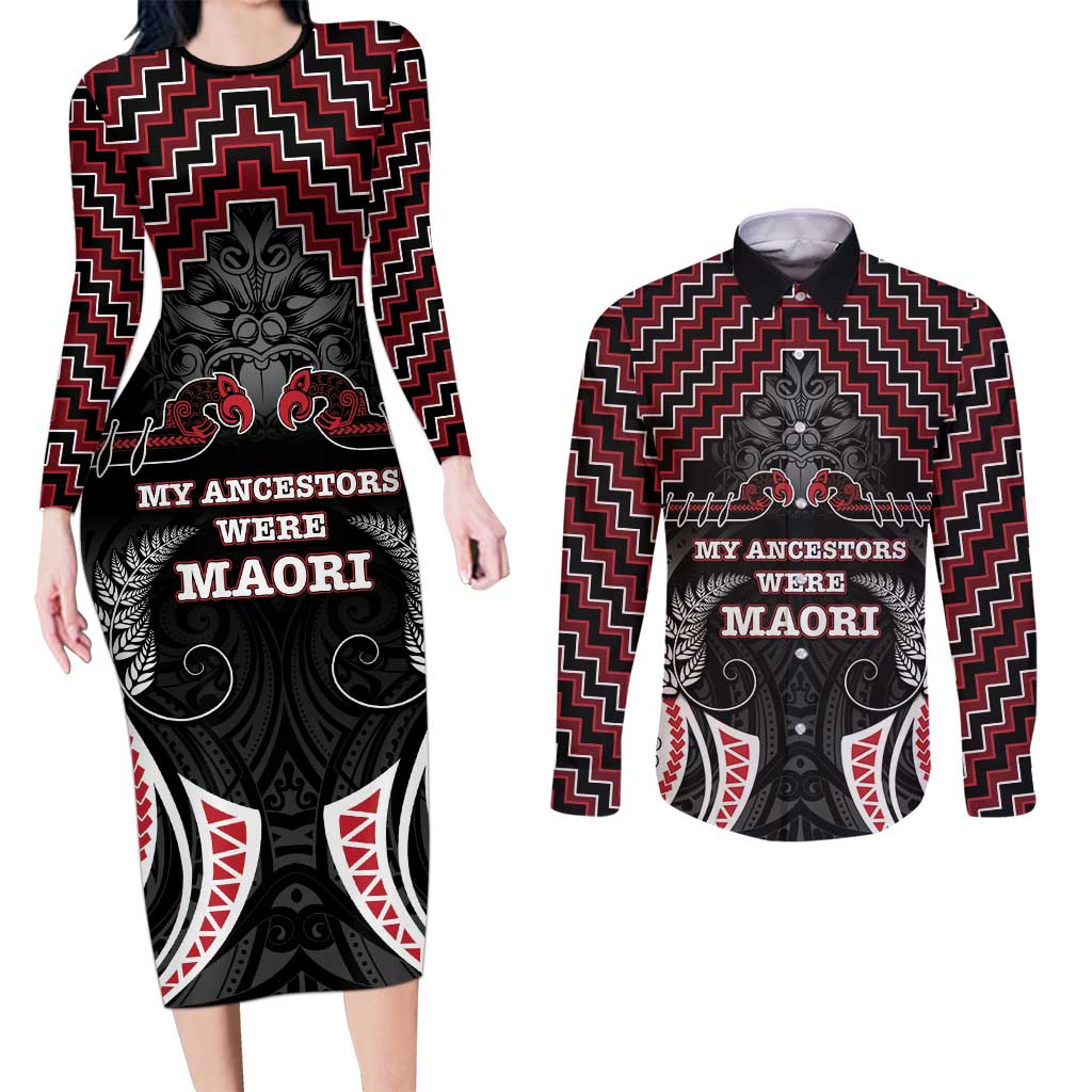 Aotearoa Couples Matching Long Sleeve Bodycon Dress and Long Sleeve Button Shirt Proud To Be Maori LT05 Red - Polynesian Pride