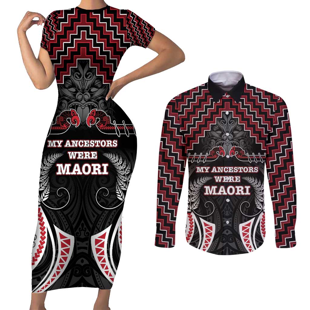 Aotearoa Couples Matching Short Sleeve Bodycon Dress and Long Sleeve Button Shirt Proud To Be Maori LT05 Red - Polynesian Pride