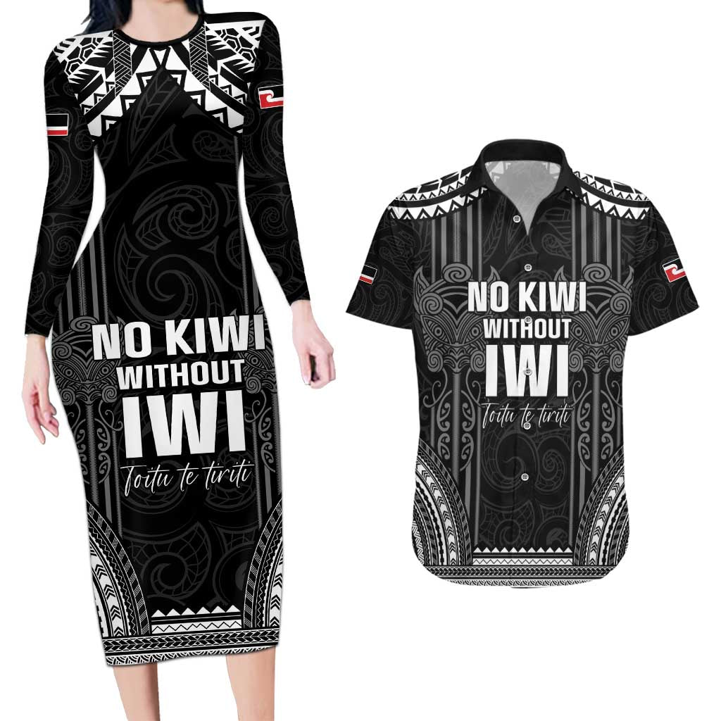 Aotearoa Toitu Te Tiriti Couples Matching Long Sleeve Bodycon Dress and Hawaiian Shirt No Kiwi Without Iwi LT05 Black - Polynesian Pride
