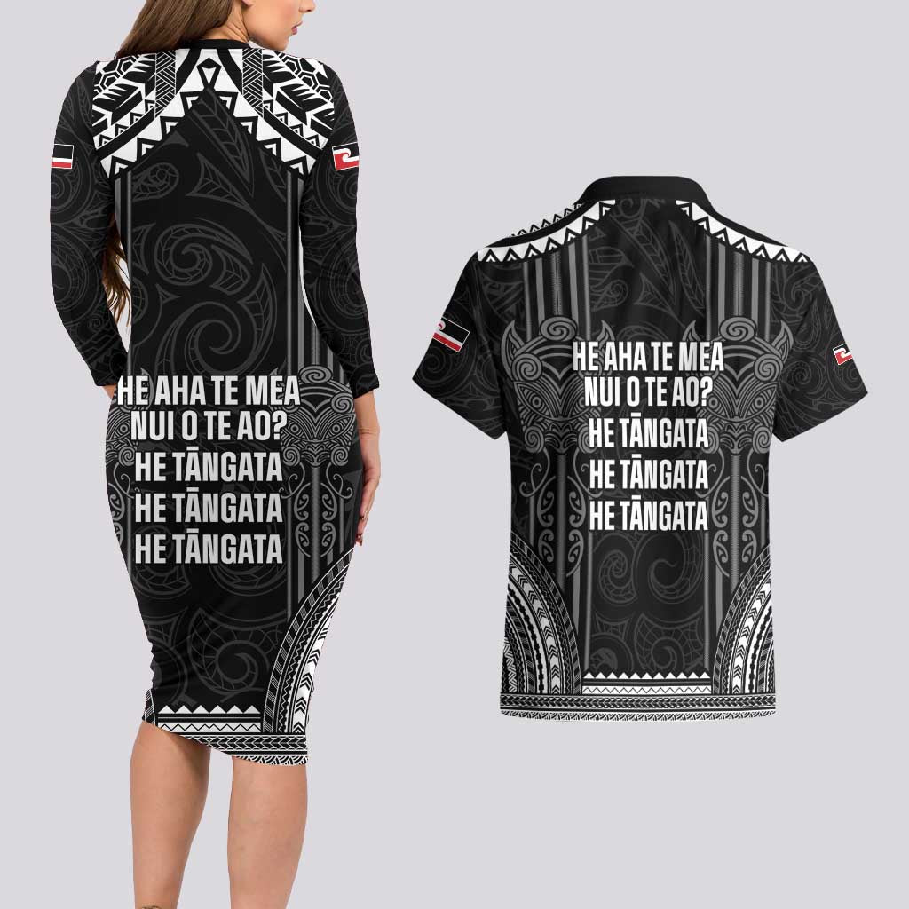 Aotearoa Toitu Te Tiriti Couples Matching Long Sleeve Bodycon Dress and Hawaiian Shirt No Kiwi Without Iwi LT05 - Polynesian Pride