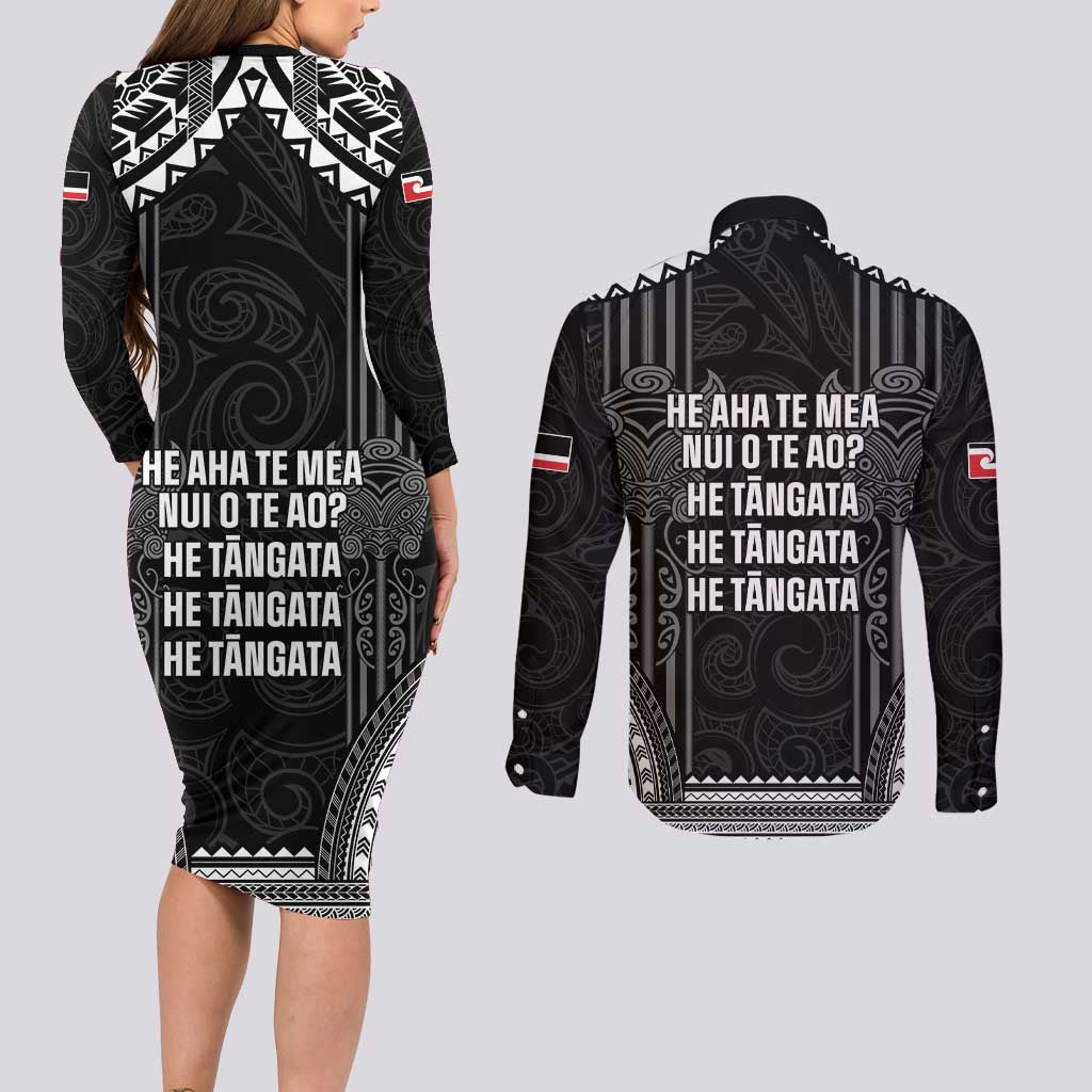 Aotearoa Toitu Te Tiriti Couples Matching Long Sleeve Bodycon Dress and Long Sleeve Button Shirt No Kiwi Without Iwi LT05 - Polynesian Pride