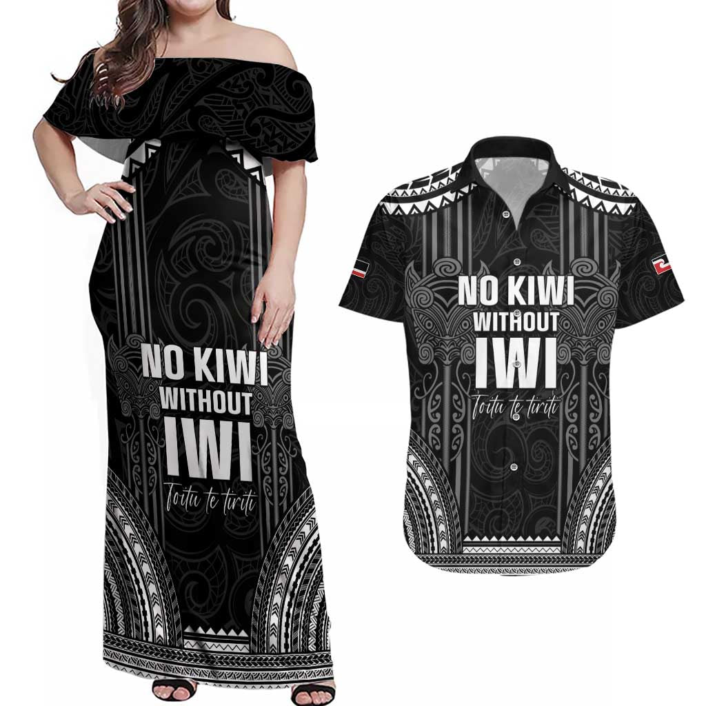 Aotearoa Toitu Te Tiriti Couples Matching Off Shoulder Maxi Dress and Hawaiian Shirt No Kiwi Without Iwi LT05 Black - Polynesian Pride