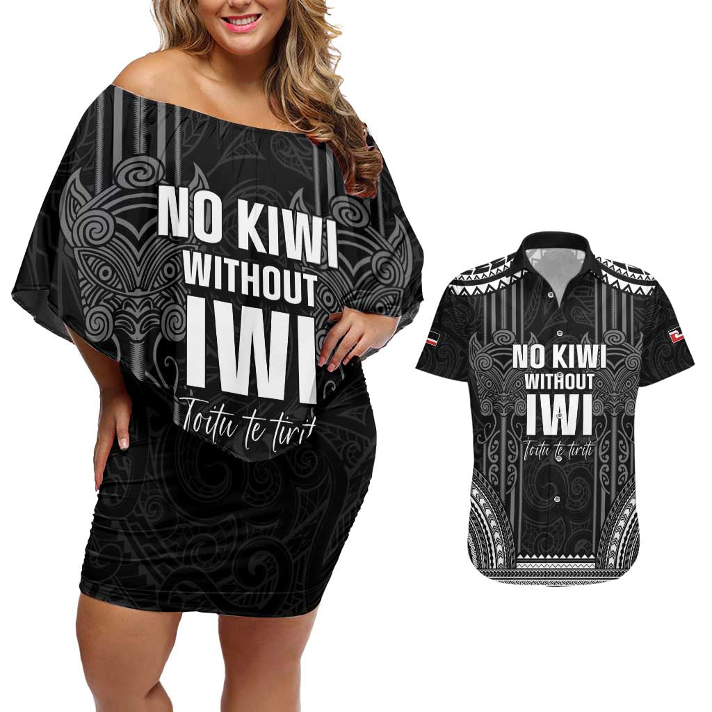 Aotearoa Toitu Te Tiriti Couples Matching Off Shoulder Short Dress and Hawaiian Shirt No Kiwi Without Iwi LT05 Black - Polynesian Pride