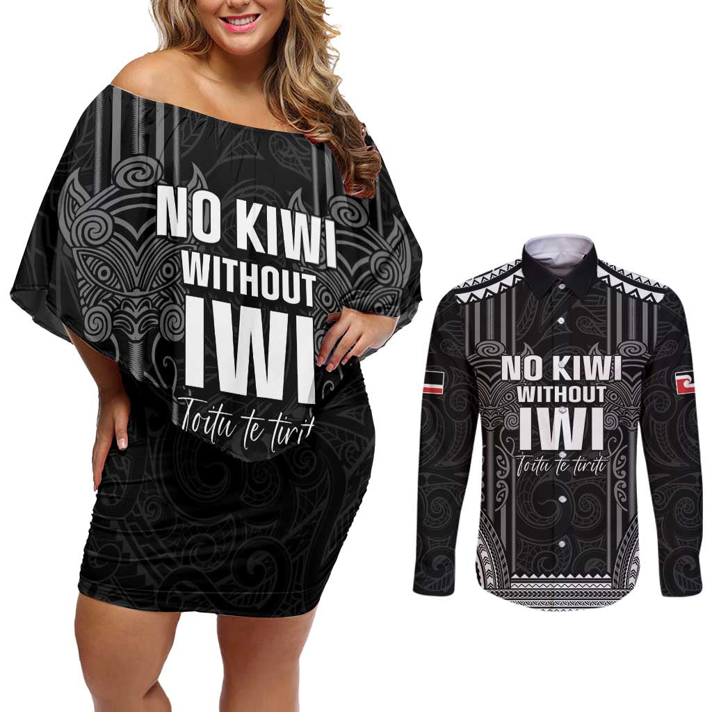 Aotearoa Toitu Te Tiriti Couples Matching Off Shoulder Short Dress and Long Sleeve Button Shirt No Kiwi Without Iwi LT05 Black - Polynesian Pride