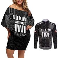 Aotearoa Toitu Te Tiriti Couples Matching Off Shoulder Short Dress and Long Sleeve Button Shirt No Kiwi Without Iwi LT05 Black - Polynesian Pride