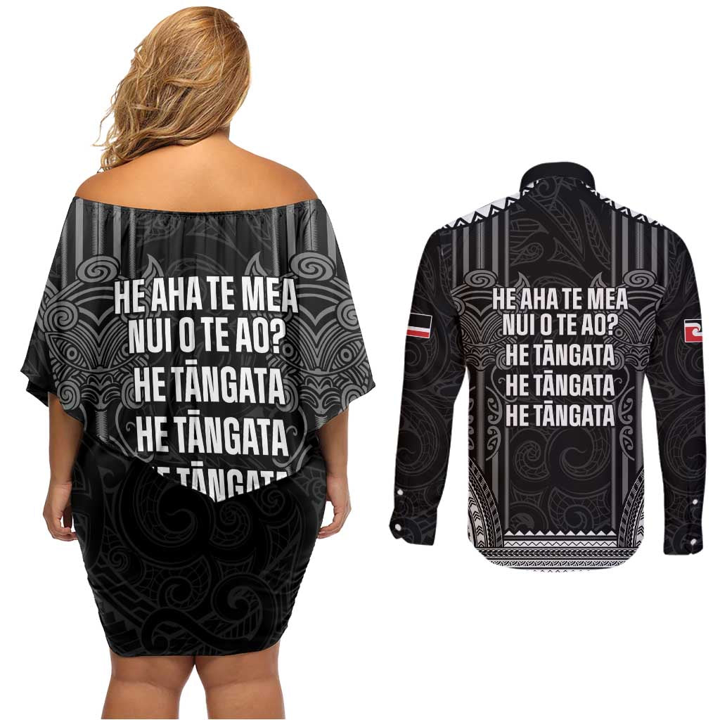 Aotearoa Toitu Te Tiriti Couples Matching Off Shoulder Short Dress and Long Sleeve Button Shirt No Kiwi Without Iwi LT05 - Polynesian Pride