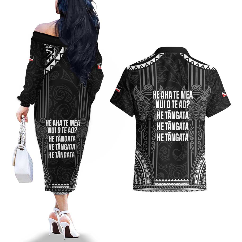 Aotearoa Toitu Te Tiriti Couples Matching Off The Shoulder Long Sleeve Dress and Hawaiian Shirt No Kiwi Without Iwi LT05 - Polynesian Pride