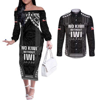 Aotearoa Toitu Te Tiriti Couples Matching Off The Shoulder Long Sleeve Dress and Long Sleeve Button Shirt No Kiwi Without Iwi LT05 Black - Polynesian Pride
