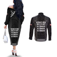 Aotearoa Toitu Te Tiriti Couples Matching Off The Shoulder Long Sleeve Dress and Long Sleeve Button Shirt No Kiwi Without Iwi LT05 - Polynesian Pride