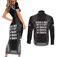 Aotearoa Toitu Te Tiriti Couples Matching Short Sleeve Bodycon Dress and Long Sleeve Button Shirt No Kiwi Without Iwi LT05 - Polynesian Pride