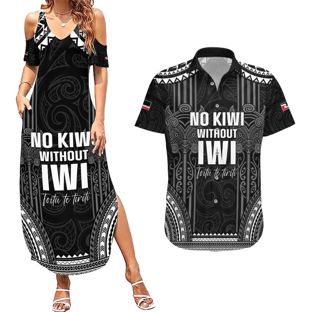 Aotearoa Toitu Te Tiriti Couples Matching Summer Maxi Dress and Hawaiian Shirt No Kiwi Without Iwi LT05 Black - Polynesian Pride