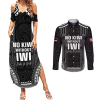 Aotearoa Toitu Te Tiriti Couples Matching Summer Maxi Dress and Long Sleeve Button Shirt No Kiwi Without Iwi LT05 Black - Polynesian Pride