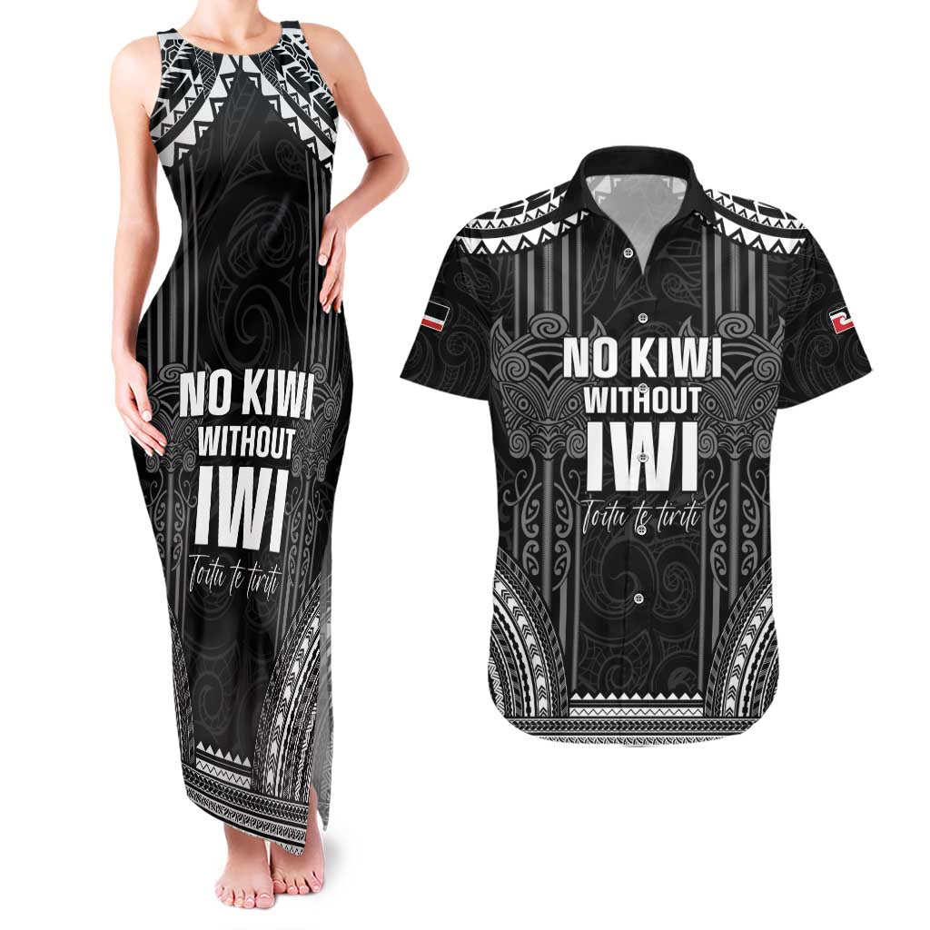 Aotearoa Toitu Te Tiriti Couples Matching Tank Maxi Dress and Hawaiian Shirt No Kiwi Without Iwi LT05 Black - Polynesian Pride