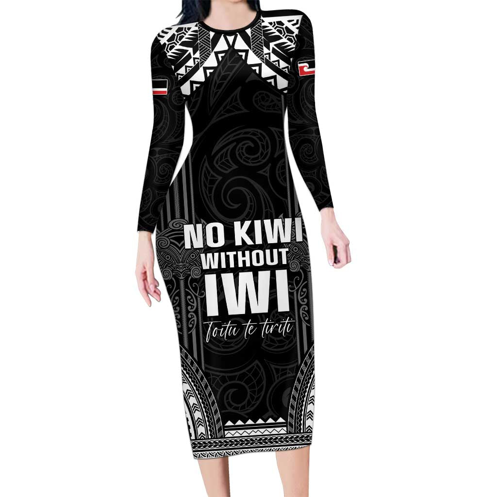 Aotearoa Toitu Te Tiriti Family Matching Long Sleeve Bodycon Dress and Hawaiian Shirt No Kiwi Without Iwi LT05 Mom's Dress Black - Polynesian Pride