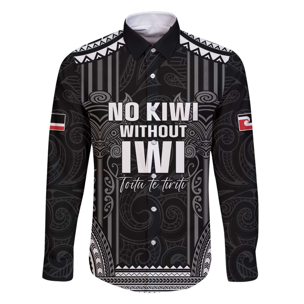 Aotearoa Toitu Te Tiriti Family Matching Off Shoulder Maxi Dress and Hawaiian Shirt No Kiwi Without Iwi LT05 Dad's Shirt - Long Sleeve Black - Polynesian Pride
