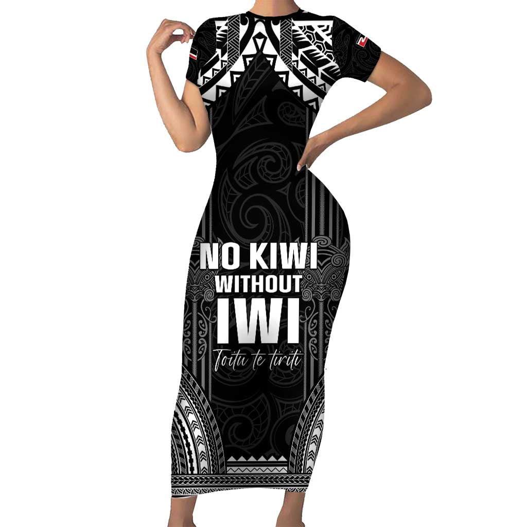 Aotearoa Toitu Te Tiriti Family Matching Short Sleeve Bodycon Dress and Hawaiian Shirt No Kiwi Without Iwi LT05 Mom's Dress Black - Polynesian Pride