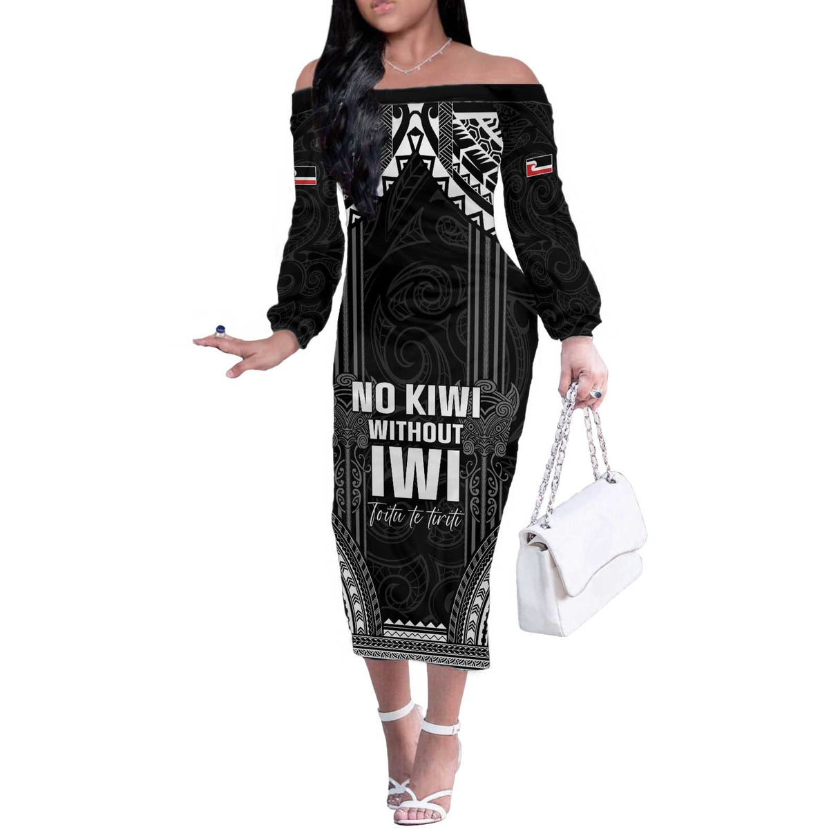 Aotearoa Toitu Te Tiriti Off The Shoulder Long Sleeve Dress No Kiwi Without Iwi LT05 Women Black - Polynesian Pride