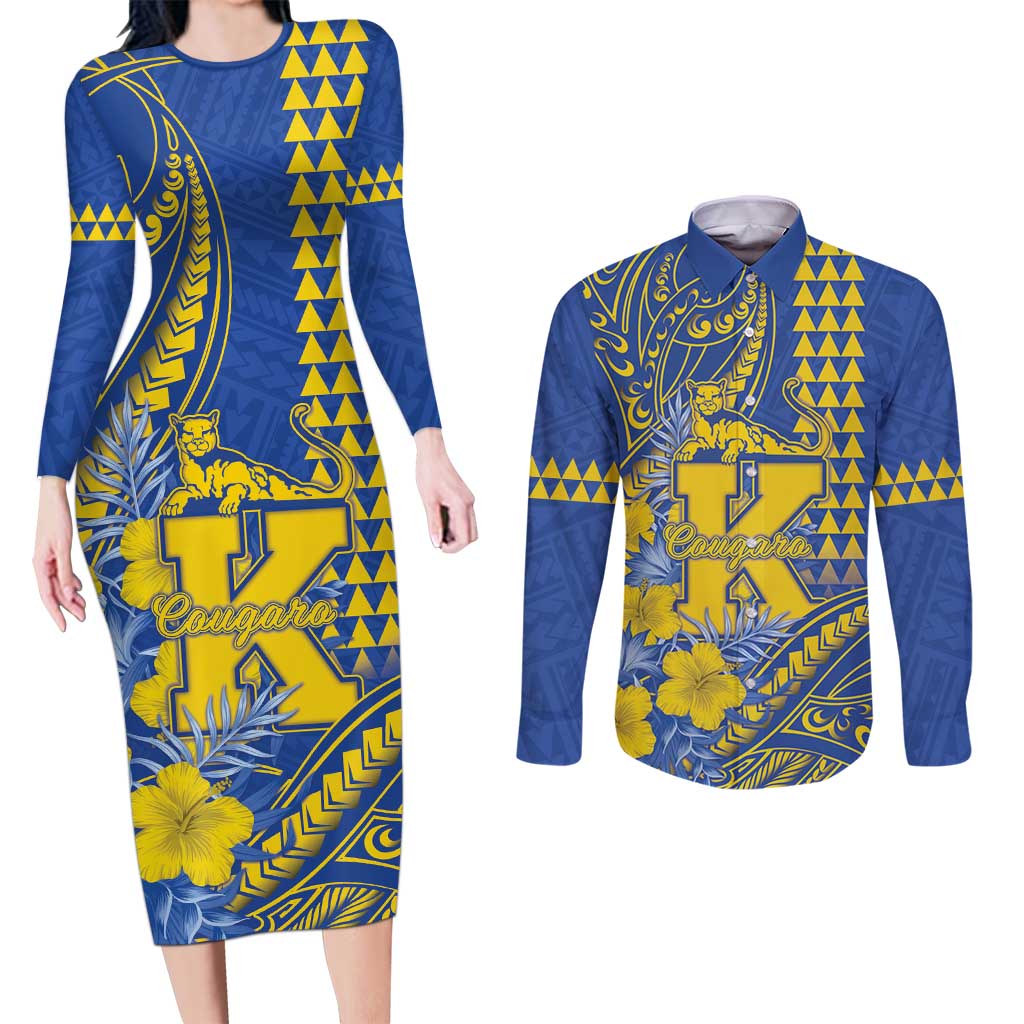 Personalised Hawaii Kaiser High School Couples Matching Long Sleeve Bodycon Dress and Long Sleeve Button Shirt Tribal Tattoo With Hibiscus Flowers LT05 Blue - Polynesian Pride